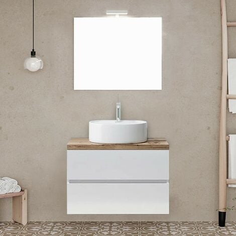 INBAGNO Mobile bagno sospeso 60 bianco top rovere naturale con specchio LED Town