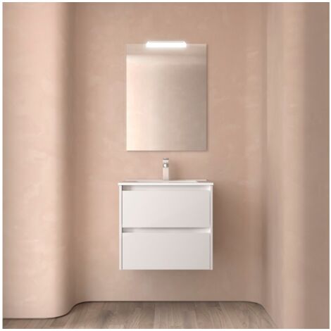 Mobile bagno sospeso 60 cm 2 cassetti in legno bianco lucido con lavabo a incasso - Nova - Con specchio e lampada LED
