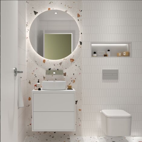 Mobile bagno sospeso 60 cm 2 cassetti in legno bianco opaco con lavabo d'appoggio - Olympus - 60 cm Con colonna specchio e lampada LED - Misura: 60 cm - Accessorio: Standard