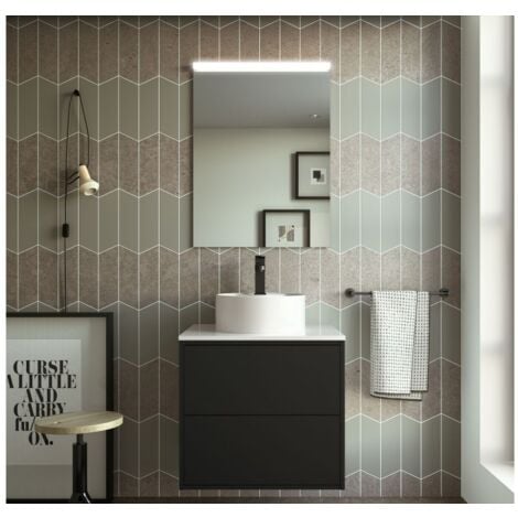 Mobile bagno sospeso 60 cm 2 cassetti in legno nero opaco con lavabo d'appoggio - Olympus - 60 cm Standard
