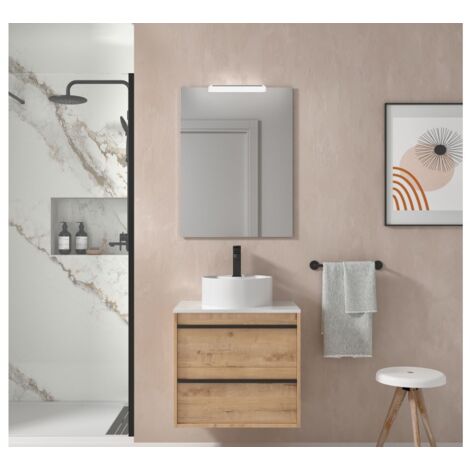 Mobile bagno sospeso 60 cm 2 cassetti in legno rovere ostippo con lavabo d'appoggio - Astoria - 60 cm Standard