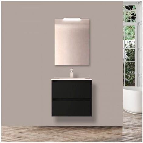 Mobile bagno sospeso 60 cm in legno  nero satinato con lavabo a incasso - Nova - Standard
