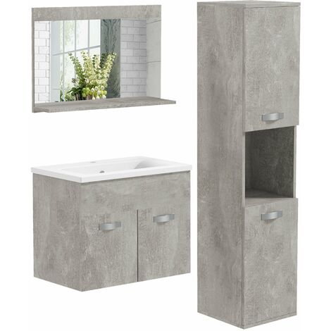 Mobile Bagno Sospeso 60 cm Lavabo Specchio e 1 Pensile Grigio