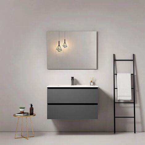 Mobile bagno sospeso 60cm rovere albino con top per lavabo in appoggio e  specchio mod. Yukon