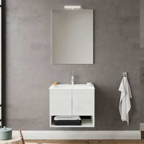 INBAGNO Mobile bagno sospeso 60 rovere bianco con lavabo e specchio LED Oslo