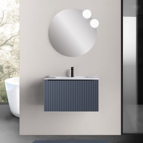 Mobile bagno sospeso 70 cm blu notte cannettato con cassetto, specchio e lavabo Nara