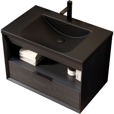 Mobile Bagno Sospeso 74.5x46.5x51.5 cm con Lavabo, Preassemblato, con Ripiano e Cassetto, in Compensato Nero