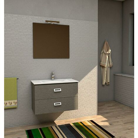Mobile Bagno Sospeso 75 Cm Con Lavabo in Ceramica Specchio e Luce Led
