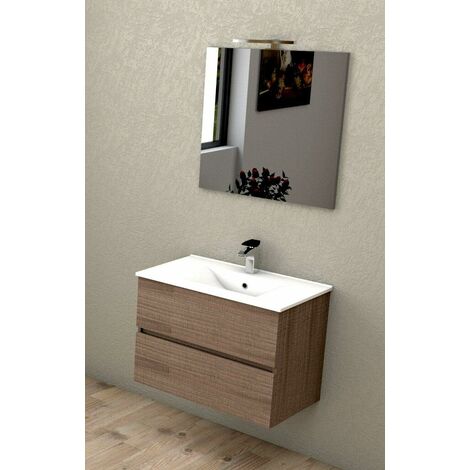 Mobile Bagno Sospeso 75 Cm Con Lavabo in Ceramica Specchio e Luce Led