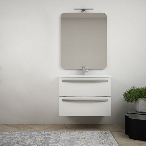 Mobile bagno sospeso 75 cm design tondo bianco lucido - Berlino  con specchio led e colonna da 140 cm