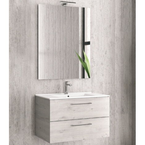 Mobile bagno sospeso 75cm con 2 porte e specchio filo lucido ''New Bitola'' colore Ice Oak