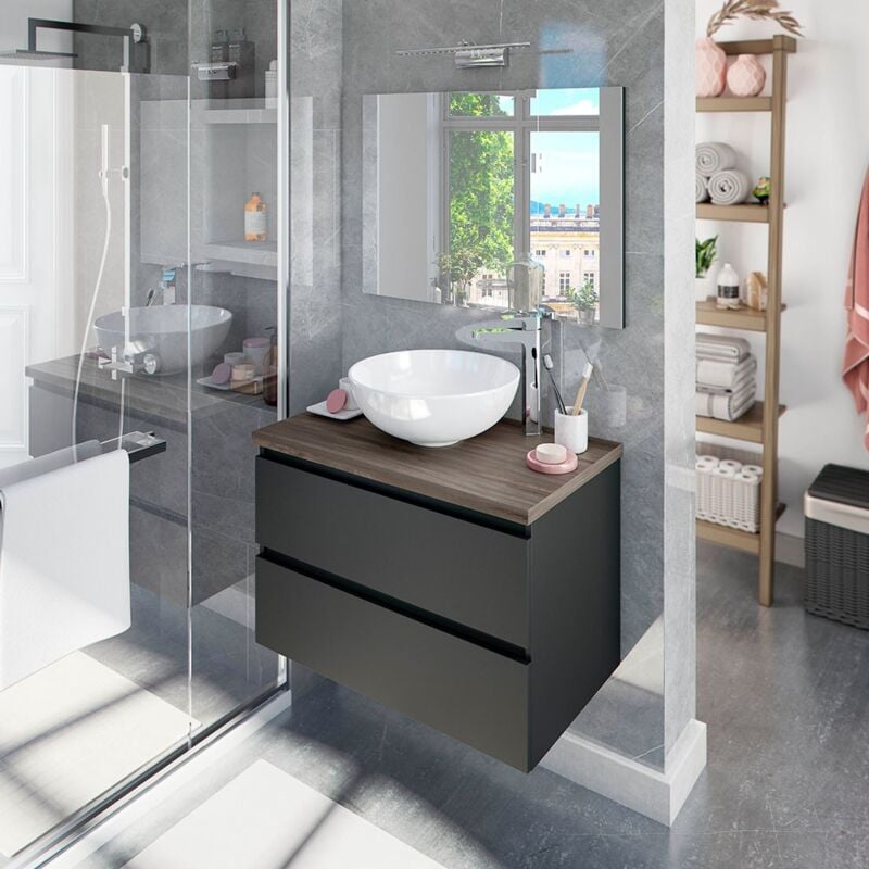 Inbagno - Mobile bagno sospeso 80 antracite con top olmo forato e specchio Noa