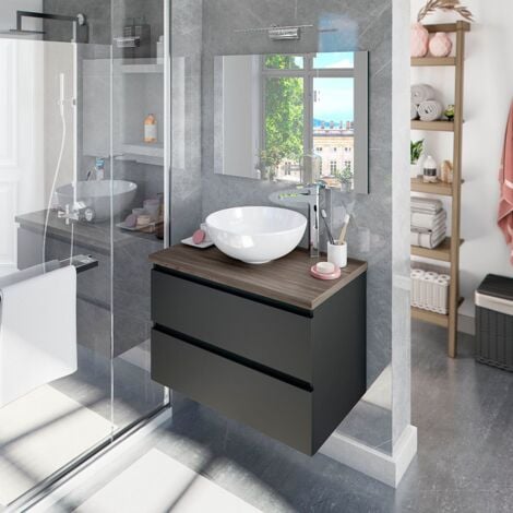 INBAGNO Mobile bagno sospeso 80 antracite con top olmo forato e specchio Noa