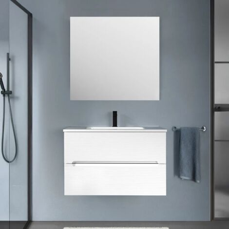 Mobile bagno sospeso 80 bianco cannettato 2 cassetti lavabo e specchio Rigo