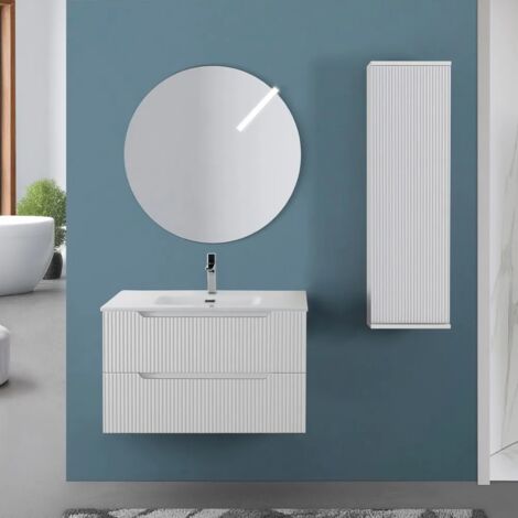 Mobile bagno sospeso 80 bianco cannettato doppi cassetto lavabo e specchio Wise