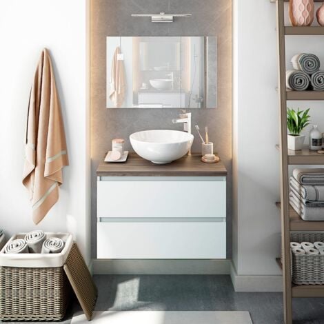 INBAGNO Mobile bagno sospeso 80 bianco con top olmo forato e specchio Noa