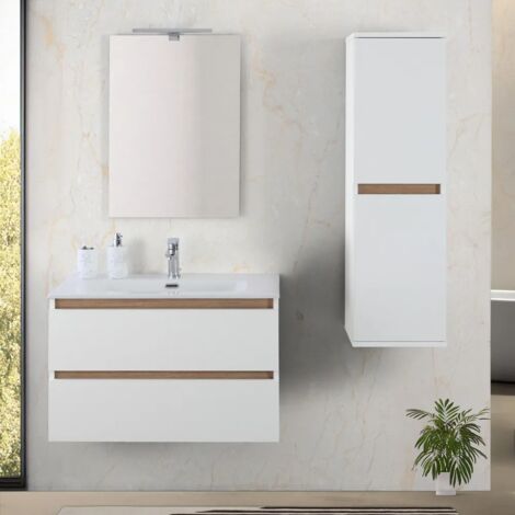 Mobile bagno sospeso 80 cm bianco e rovere con cassetti soft-close Kleo