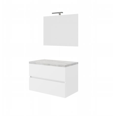 Mobile bagno sospeso 80 cm in legno bianco lucido e top beton con lavabo e specchio - Civo - Con colonna specchio e lavabo rettangolare