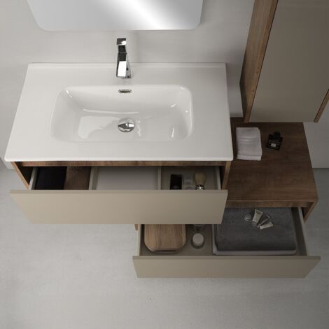 Mobile bagno sospeso 80 cm in legno tabacco e tortora 2 cassetti, colonna, lavabo e specchio Smok
