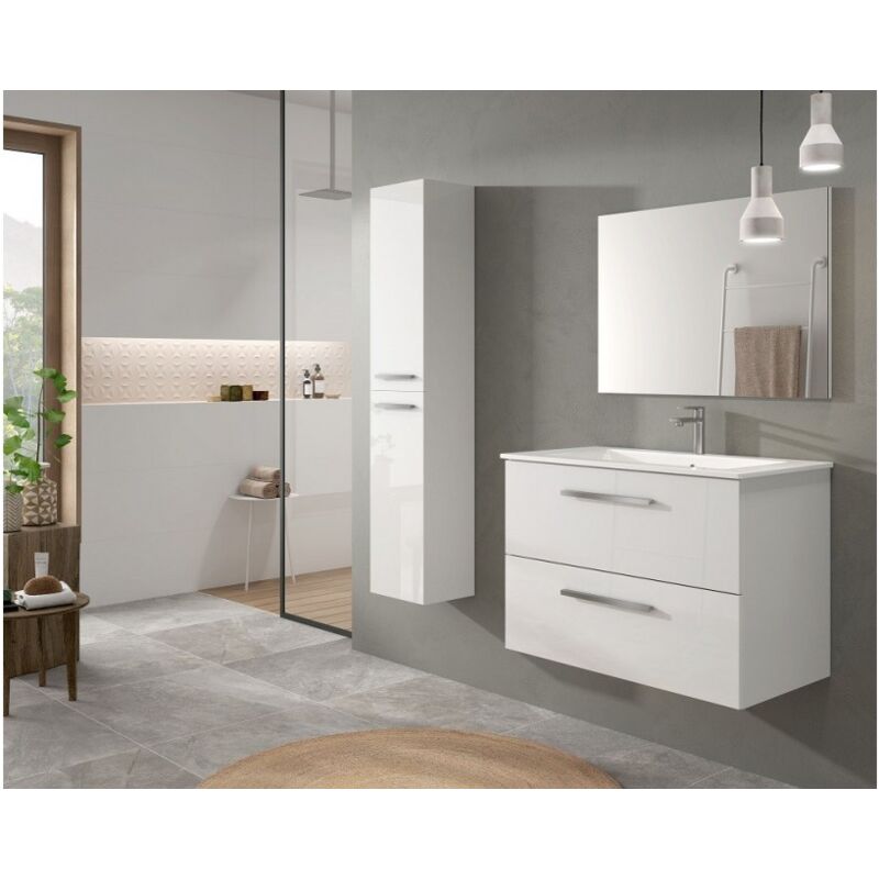 Mobile bagno sospeso 80 cm bianco lucido con specchio - Siracusa - Bianco lucido Con lampada Led