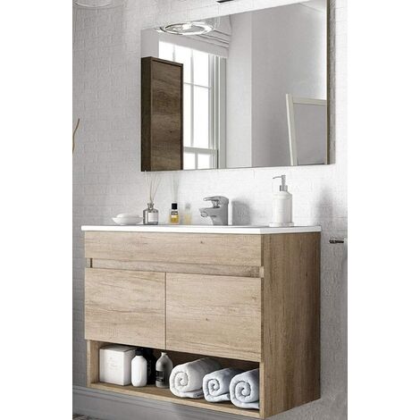 Mobile Bagno Sospeso 80 Cm.Mobile Bagno Sospeso 80cm 2 Ante Cassetto Legno Specchio Lavabo Ceramica Arredo