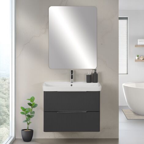 Mobile bagno sospeso 80cm antracite cannettato con cassetti, specchio e lavabo Mia