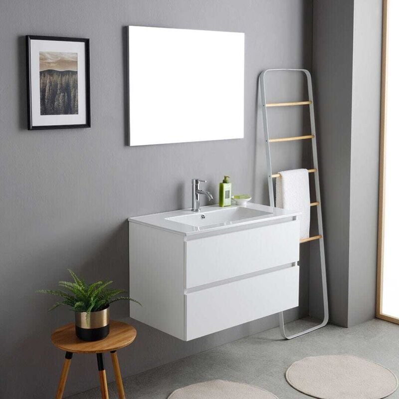 Kiamami Valentina - Meuble Salle De Bain Suspendu 80Cm Blanc Avec Lavabo Et Miroir Bilbao