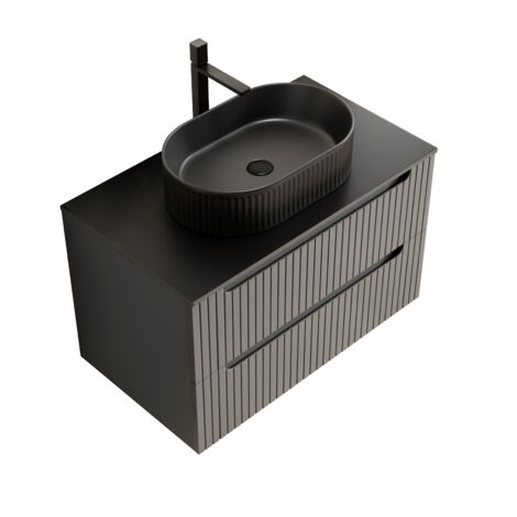 Mobile Bagno Sospeso 80x46x62.2 cm, con Lavabo a Ovale Nero e Piano Sinterizzato, 2 cassetti, Ceramica e Pietra Nera