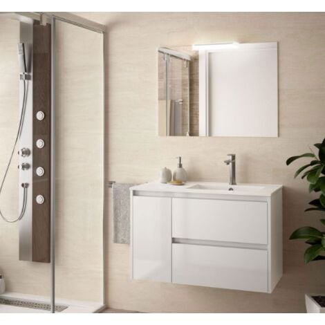 Mobile bagno sospeso 85 cm 2 cassetti e 1 anta in legno bianco lucido con lavabo a destra - Nova - Standard