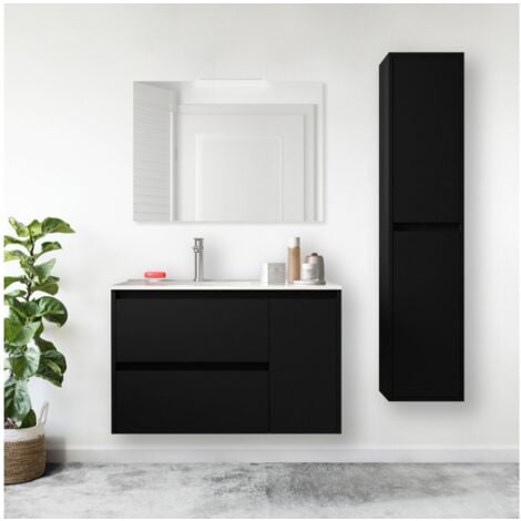 Mobile bagno sospeso 85 cm 2 cassetti e 1 anta in legno nero satinato con lavabo ad incasso - Nova - Standard
