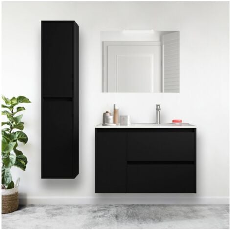 Mobile bagno sospeso 85 cm 2 cassetti e 1 anta in legno nero satinato con lavabo ad incasso - Nova - Standard