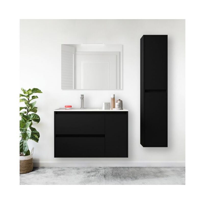 

Mueble de baño suspendido 85 cm de madera Gris Mate con lavabo de porcelana | Con espejo y lámpara LED