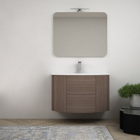 Mobile bagno sospeso 90 cm Rovere scuro design tondo  con colonna da 170 cm