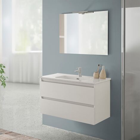 INBAGNO Mobile bagno sospeso 90 rovere bianco completo con 2 cassetti Nadia