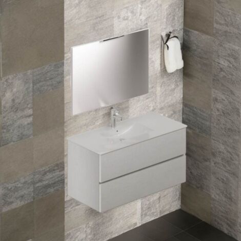 Mobile bagno sospeso bianco frassinato 2 cassetti con lavabo e specchio COMP100BF 101x46x54h