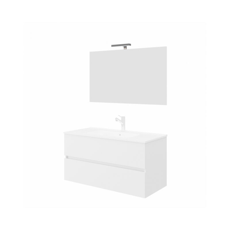 Image of Mobile bagno sospeso 100 cm in legno bianco lucido con lavabo e specchio - Empoli - Con specchio e lampada led