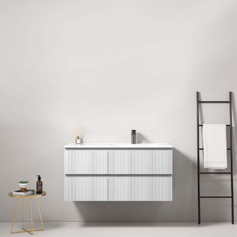 Mobile bagno sospeso cannettato 100 cm Bianco Lavabo a Destra in Ceramica Senza Specchio - Fiji Paint