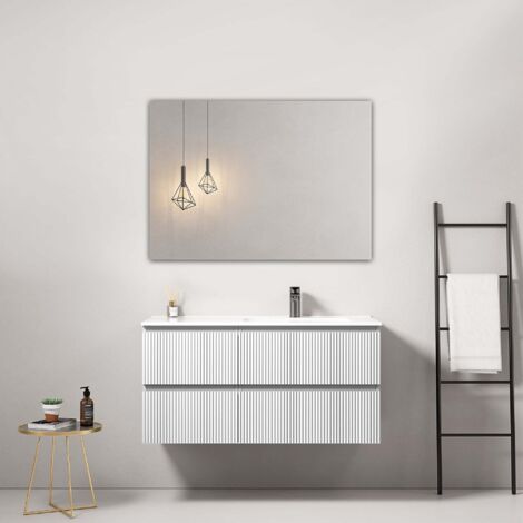 Mobile bagno sospeso cannettato 100 cm Bianco Lavabo a Destra in Ceramica Specchio Quadro - Fiji Paint