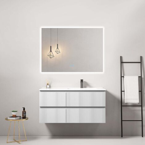 Mobile bagno sospeso cannettato 100 cm Bianco Lavabo a Destra in Ceramica Specchio Quadro Retroilluminato - Fiji Paint