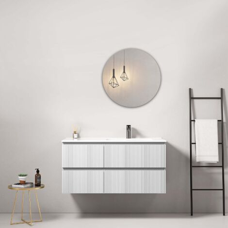 Mobile bagno sospeso cannettato 100 cm Bianco Lavabo a Destra in Ceramica Specchio Tondo - Fiji Paint