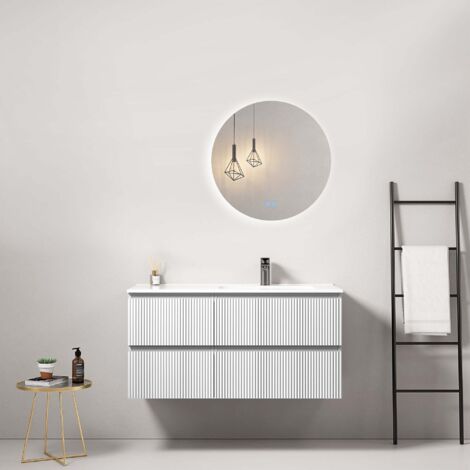 Mobile bagno sospeso cannettato 100 cm Bianco Lavabo a Destra in Ceramica Specchio Tondo Retroilluminato - Fiji Paint