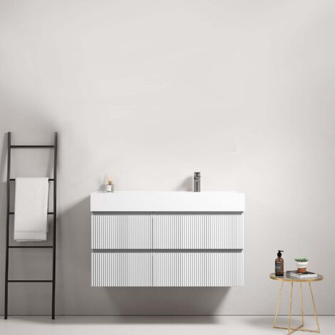 Mobile bagno sospeso cannettato 100 cm Bianco Lavabo a Destra in Resina Senza Specchio - Fiji Paint