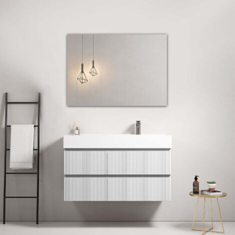 Mobile bagno sospeso cannettato 100 cm Bianco Lavabo a Destra in Resina Specchio Quadro - Fiji Paint