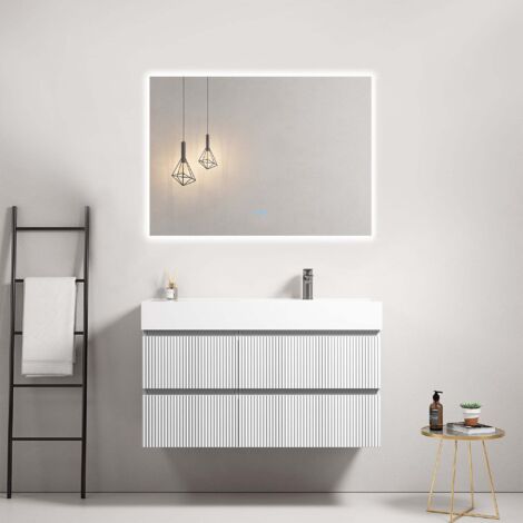 Mobile bagno sospeso cannettato 100 cm Bianco Lavabo a Destra in Resina Specchio Quadro Retroilluminato - Fiji Paint