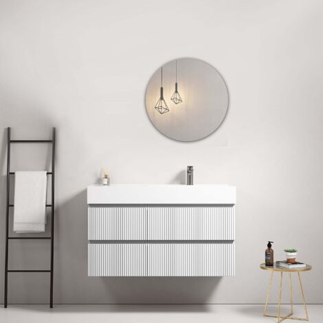 Mobile bagno sospeso cannettato 100 cm Bianco Lavabo a Destra in Resina Specchio Tondo - Fiji Paint