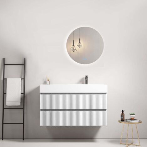 Mobile bagno sospeso cannettato 100 cm Bianco Lavabo a Destra in Resina Specchio Tondo Retroilluminato - Fiji Paint