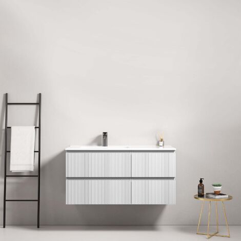 Mobile bagno sospeso cannettato 100 cm Bianco Lavabo a Sinistra in Ceramica Senza Specchio - Fiji Paint