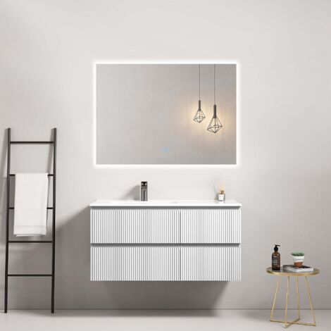 Mobile bagno sospeso cannettato 100 cm Bianco Lavabo a Sinistra in Ceramica Specchio Quadro Retroilluminato - Fiji Paint