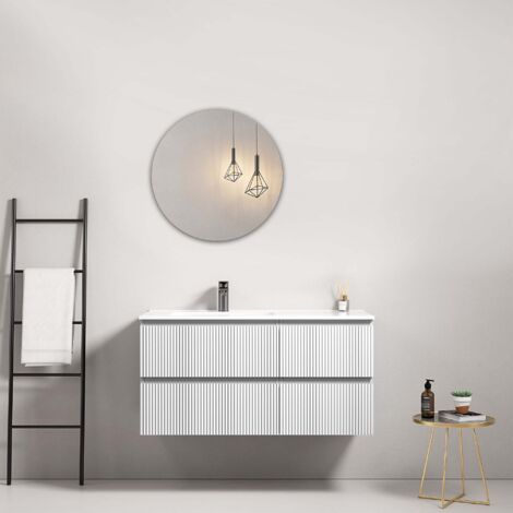 Mobile bagno sospeso cannettato 100 cm Bianco Lavabo a Sinistra in Ceramica Specchio Tondo - Fiji Paint