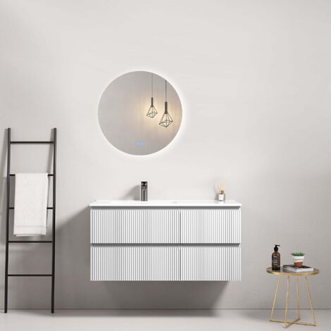 Mobile bagno sospeso cannettato 100 cm Bianco Lavabo a Sinistra in Ceramica Specchio Tondo Retroilluminato - Fiji Paint